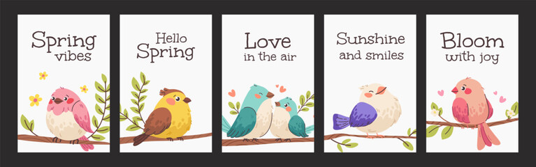 Set of greeting cards with wishes. Flat birds on white background with captions. Spring mini cards, tags