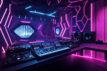 A futuristic music studio featuring hexagonal soundproof panels and floating holographic DJ decks. The neon-lit interface, digital equalizers, and immersive visual sound waves create a high-tech audio