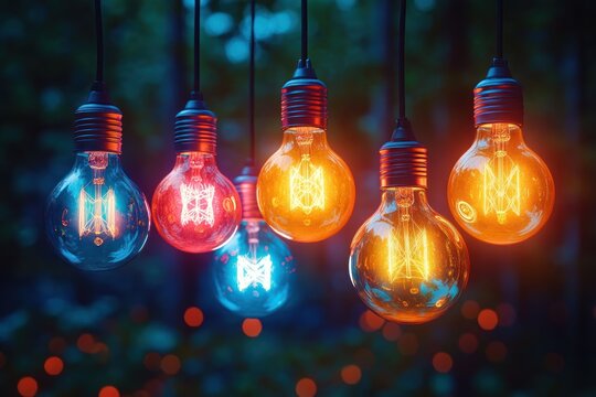 Vibrant Glowing Light Bulbs Hanging Decor Illuminating in Darkness