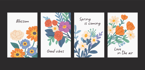 Naklejka premium Floral cards, gift tags. Cards with flat bouquets of flowers. Graphic illustrations with flowers