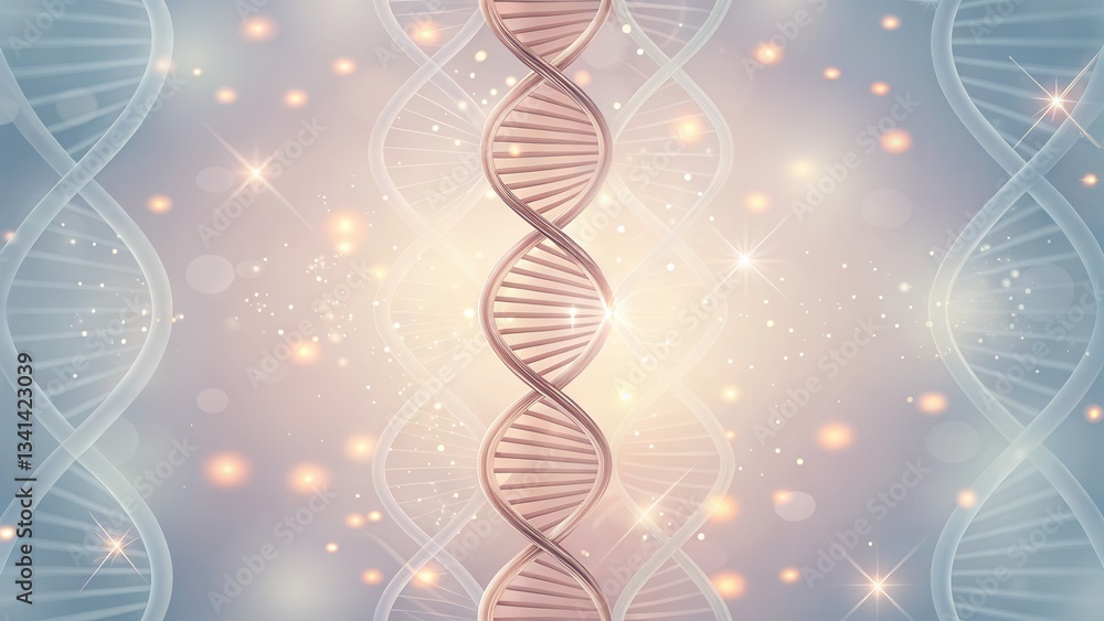 Leinwandbilder Abstract digital representation of DNA strands with sparkling elements in a soft color palette.