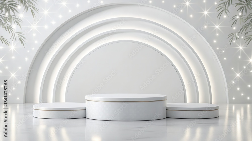 Poster Minimalistic stage design with circular platforms against a shimmering backdrop.