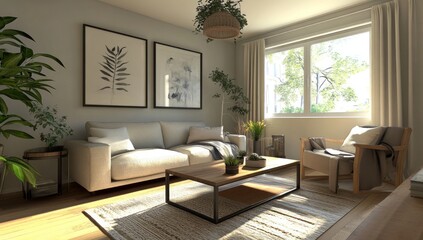 A brightly lit interior room displaying comfortable furniture and decorations