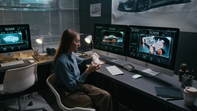 Medium full high-angle shot of busy young Caucasian female car designer sitting at desk in studio, working on digital renderings of racing car prototypes on computer, then examining clay model