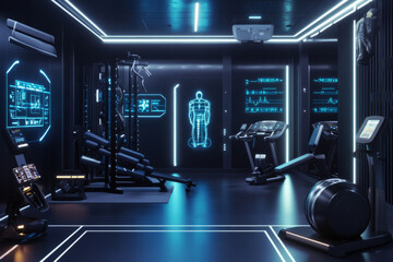 Fototapeta premium A high-tech sports training facility 3D background room with robotic exercise machines, digital performance tracking displays, holographic trainers giving real-time feedback, and a sleek futuristic