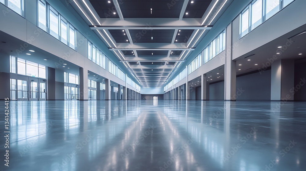 Poster empty convention center hall with reflective floor and column structures