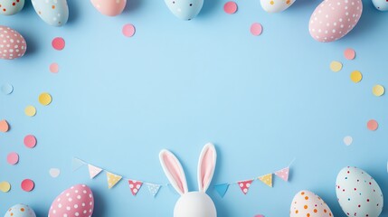 Easter - themed Image with Bunny Ears and Colorful Eggs on a Blue Background