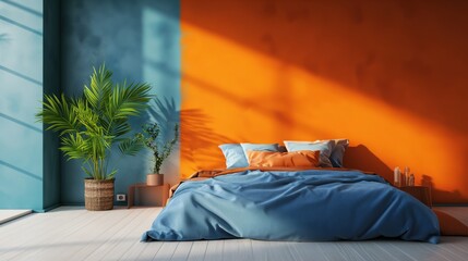Bed against vibrant orange and blue wall.