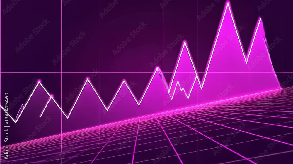 Poster vibrant digital graph with neon purple grid and zigzag line chart for data analysis and futuristic t