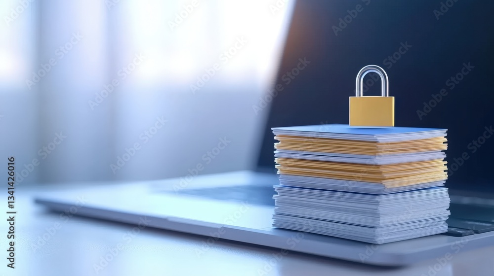 Aufkleber a digital padlock sits atop a stack of papers on a laptop, symbolizing data security and privacy in 