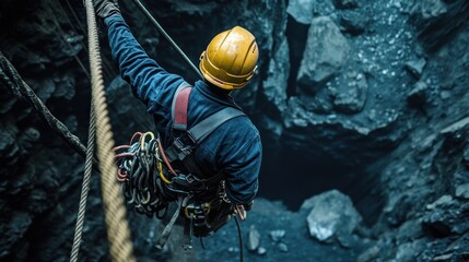 Occupational safety expert preparing for rappelling inside dark rocky abyss