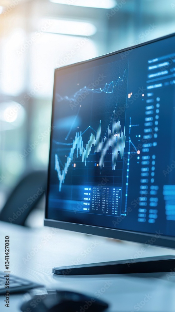 Poster modern computer screen displaying financial data and graphs