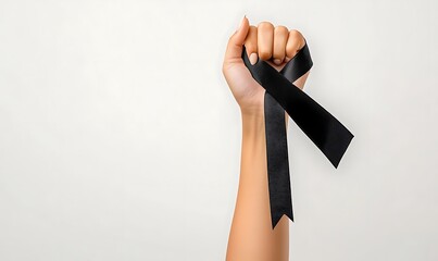 World cancer day awareness with raised hand and black ribbon on modern minimal white background emphasizing global cancer support and unity message.