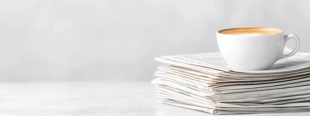 Freshly Brewed Coffee Cup on Stack of Newspapers for Morning Routine