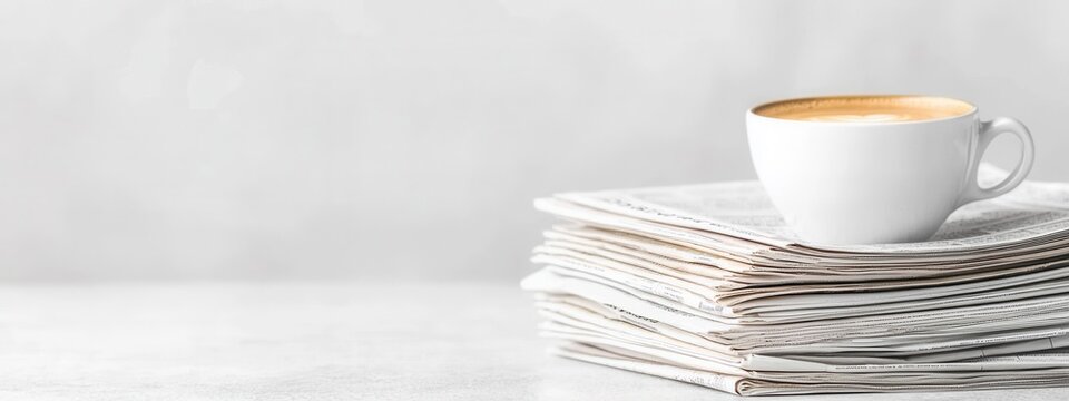 Freshly Brewed Coffee Cup on Stack of Newspapers for Morning Routine