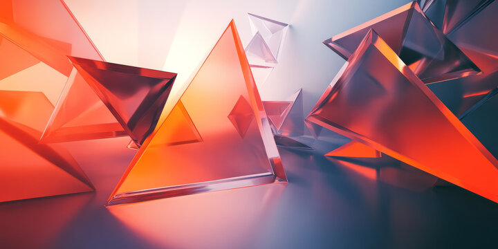 A geometric 3D background with floating translucent pyramids arranged in a dynamic, layered composition. The interplay of light and reflections makes the scene visually compelling and modern.
