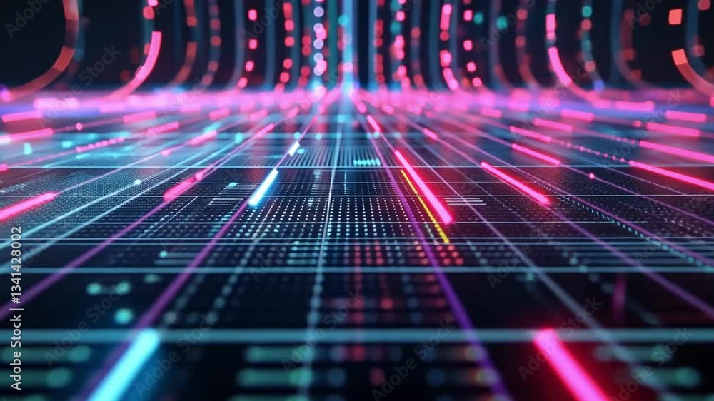 Poster futuristic digital landscape with neon lights and grid patterns virtual reality and cyber innovation