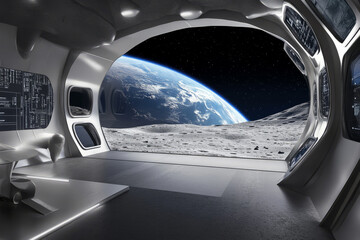A moon base research facility 3D background room with anti-gravity chambers, a panoramic view of Earth through reinforced glass, and sleek metallic walls covered in scientific data projections. The
