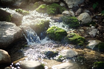 Mountain stream flowing over rocks, mossy stones, sunlight