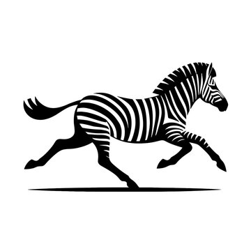 Galloping zebra silhouette in motion on white background