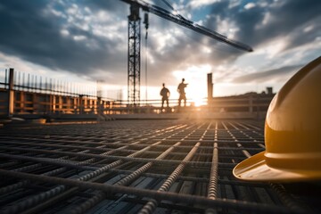 Construction Site at Sunset with Reinforcing Steel and Hard Hat