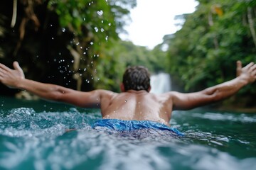 A man is swimming towards a picturesque waterfall in a lush green forest, capturing the essence of adventure and connection with nature's beauty.