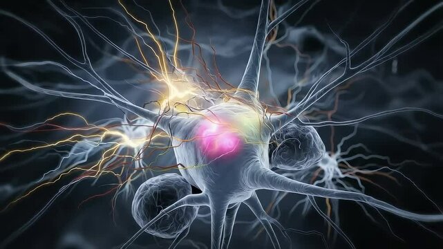 Close-up of a neuron with electrical signals and active synapses, detailed view