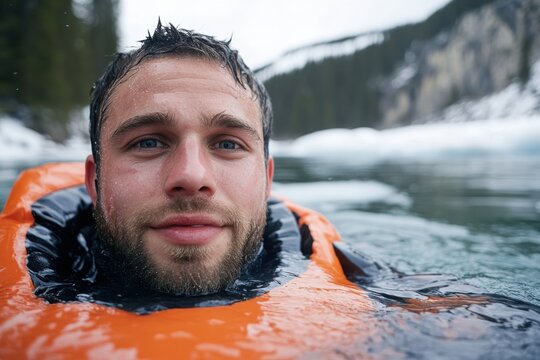 A man wearing an orange life jacket floats in icy water, emphasizing safety and alertness in a breathtaking, rugged wilderness setting during winter.