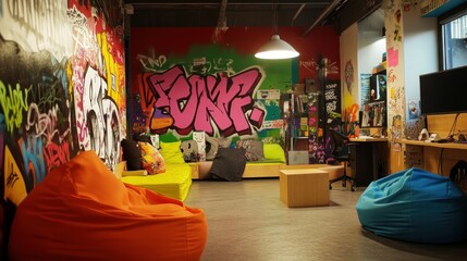 Creative Workspace A Vibrant Start-Up Office with Colorful Graffiti and Relaxing Furnishings