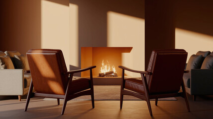 A Modern Living Room Warmly Illuminated by the Soft Glow of a Fireplace Casting Gentle Shadows on the Walls