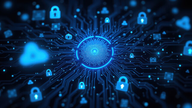 Cybersecurity graphic with Kubernetes nodes and lock icons, representing secure cloud computing infrastructure.