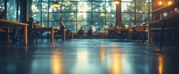 Modern cafe interior with people, large windows
