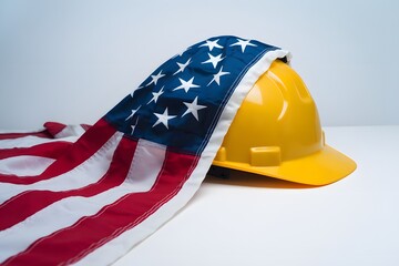 American Flag draped over a hard hat, honoring workers.