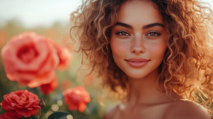Naklejka premium Young woman with curly hair enjoys the scent of roses in a garden. Portrait of a beautiful girl. Magazine cover photo