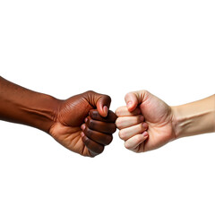 Fist bump of diverse hands symbolizing unity, connection, and agreement. Dark and pale skin tones for friendship, diversity. Isolated on transparent background.