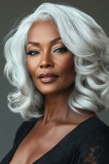 Naklejka premium Portrait of an elegant woman with silver hair showcasing a confident expression and flawless makeup, emphasizing beauty and grace in a neutral setting