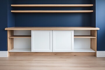 Fototapeta premium Wooden and White Shelving Unit Displayed Against Blue Wall