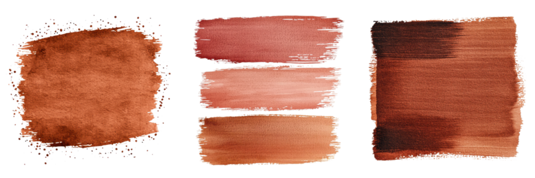 A collection of abstract brush strokes and paint splatters in warm earthy tones of orange red and brown creating a background