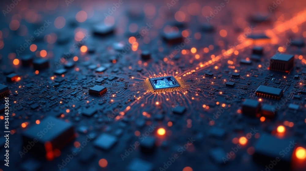 Poster a close-up, abstract digital rendering of a computer chip with glowing orange light trails emanating