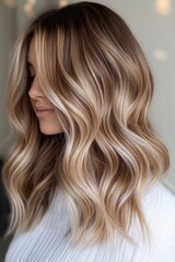 Naklejka premium Beautifully styled wavy hair with blonde highlights showcased in a close-up shot at a hair salon during daylight hours