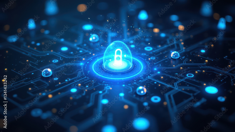 Poster image depicts a cyber security concept with a central lock symbol signifying protection, surrounded 