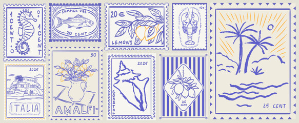 Scenes of Sicilia or amalfi. Sticker with lemons and fish. Vintage Italian print, wall art vector travel postcard stamp, summer engraving emblem, placard or poster. Retro frame border element design.
