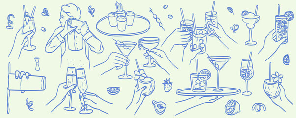 La dolce vita italian sicily style. Hand drawn ink line food and wine or champagne drawings. Sketch style lunch or dinner Illustrations for wedding invitations, cafe or restaurant menus and parties.