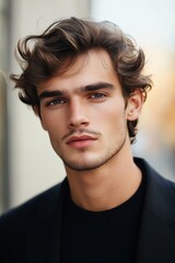 Fototapeta premium Young man with stylish hair and thoughtful expression poses outdoors in urban setting during bright afternoon light