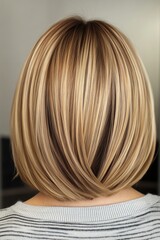 Naklejka premium Stylish bob haircut with blended blonde highlights creating a modern and sophisticated look in a beauty salon
