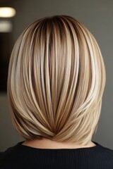 Naklejka premium Stylish short haircut with blended blonde tones showcased in a modern salon setting