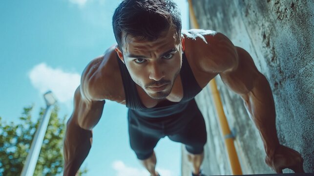 Hispanic man performing push-ups against a wall, symbolizing strength and determination.