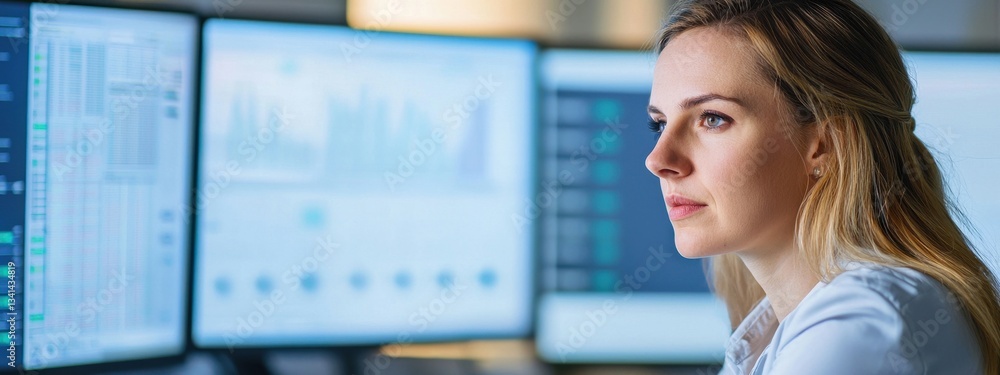 Poster focused woman analyzing data in front of multiple computer screens
