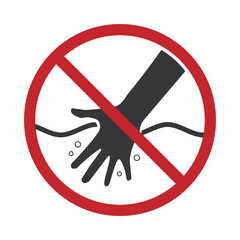 Isolated prohibition sign hand dipping into water, used for safety signs in aquariums tank, pools, and aquatic environment