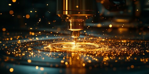 Sparks Fly Precision CNC Machine Milling Metal, Dramatic Lighting, and Shallow Depth of Field